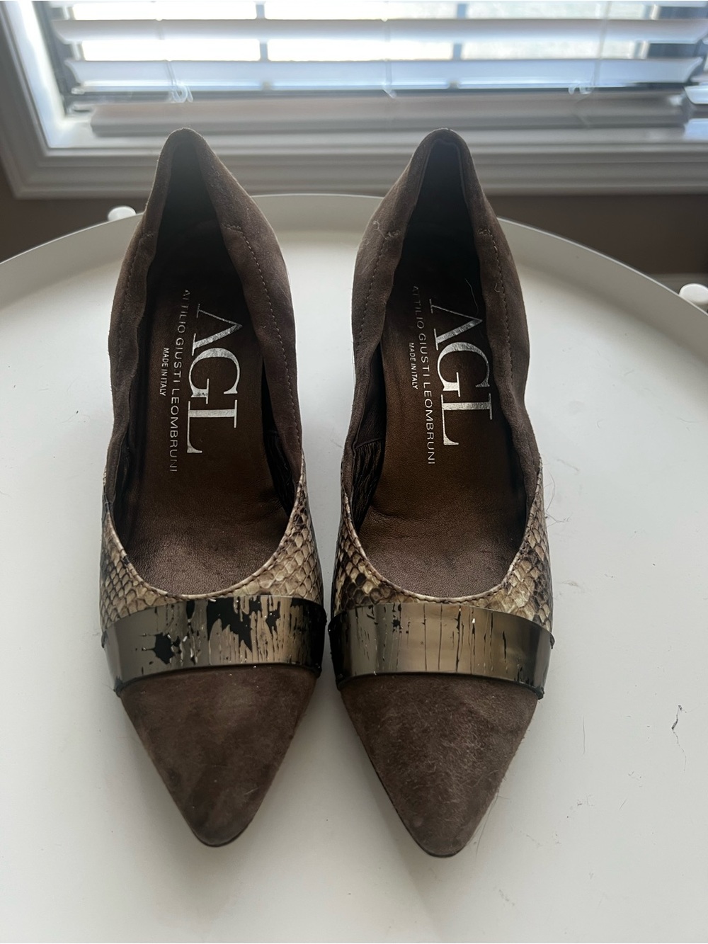 AGL Brown Suede Pointed Toe Pumps with Snake-Print and Patent Band